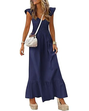 PRETTYGARDEN Women's 2026 Summer Casual Maxi Dresses Cap Sleeve V Neck Smocked Long Pockets Party... | Amazon (US)