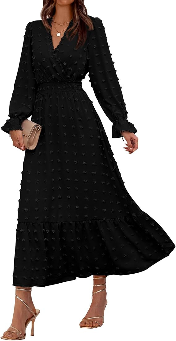 BTFBM Women Fall Maxi Dresses 2026 Long Sleeve V Neck Swiss Dots High Waisted A-Line Ruffle Boho ... | Amazon (US)