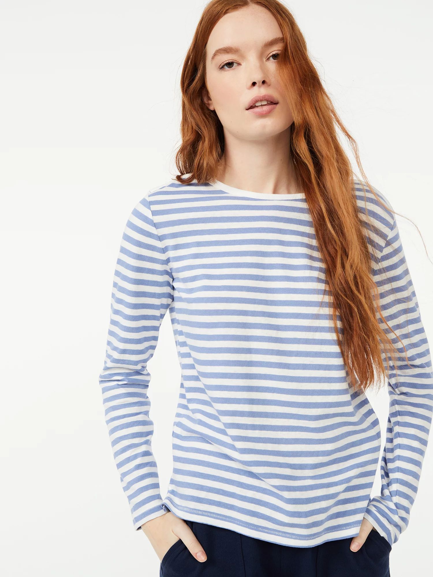 Free Assembly Women's Breton Stripe T-Shirt with Drop Shoulder Long Sleeves - Walmart.com | Walmart (US)