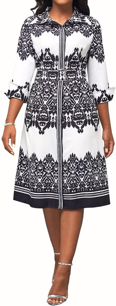 Women's Casual Button Up Elegant Print Tie Waist A-Line Midi Shirt Dress | Amazon (US)