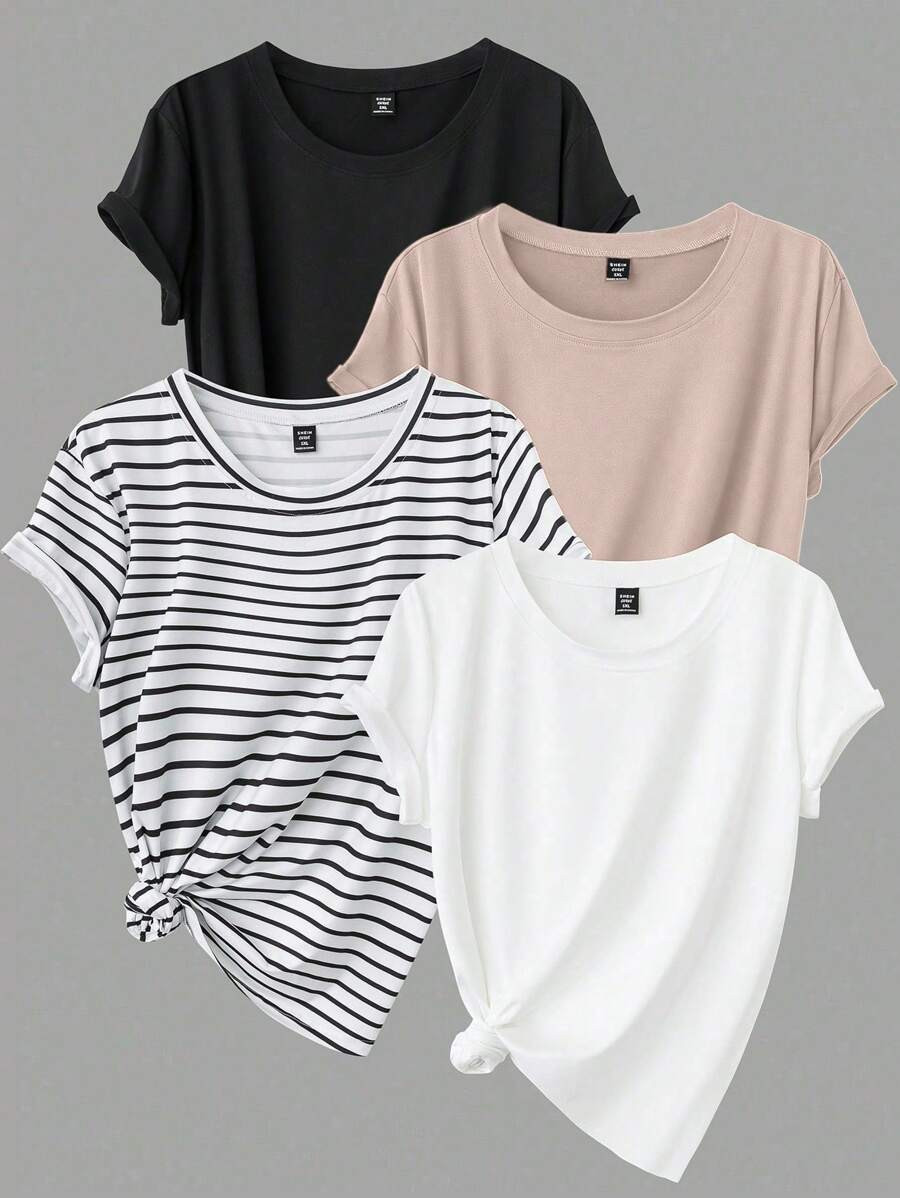 Easura Plus Size Simple Casual Short Sleeve T-Shirt, Summer | SHEIN
