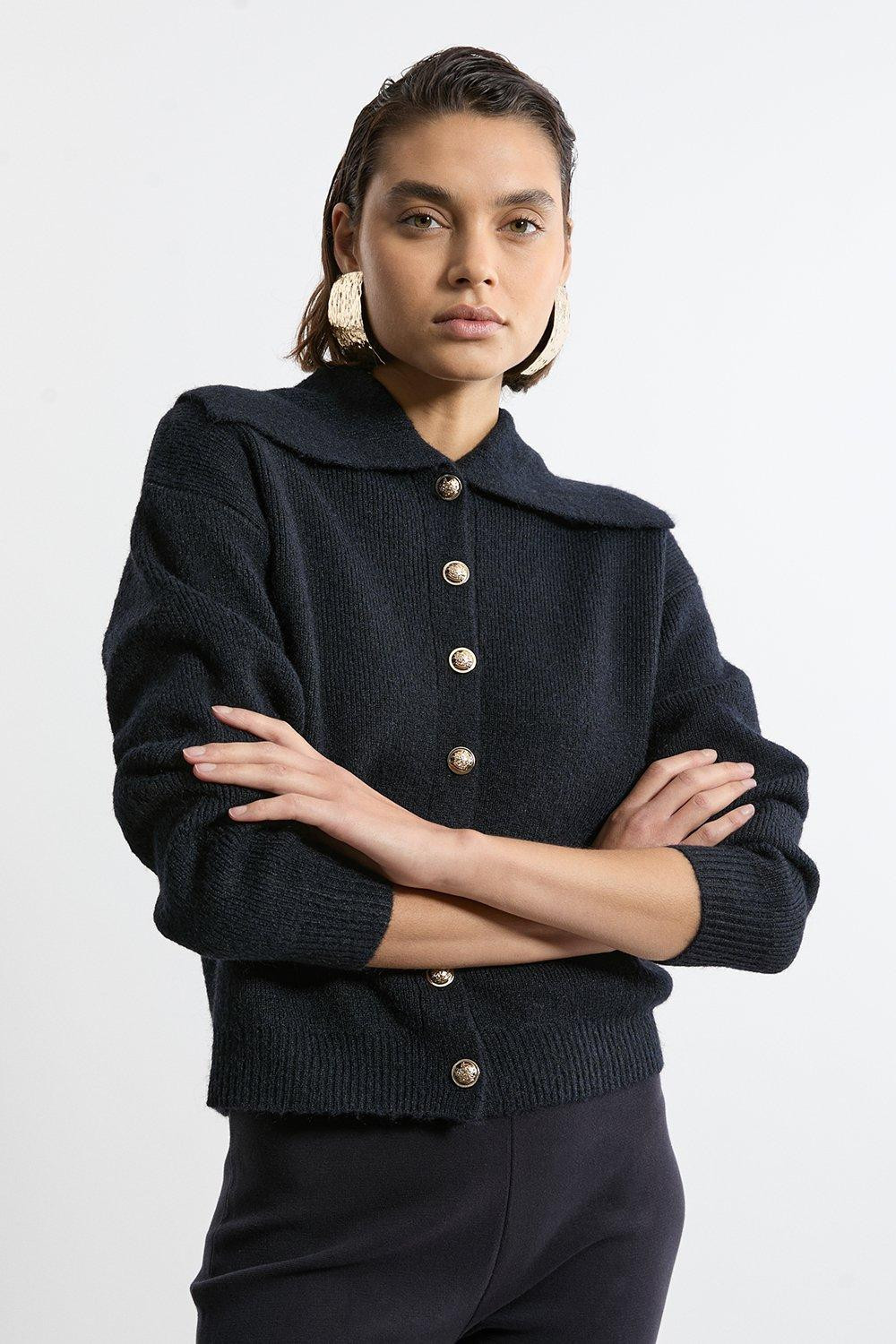 Wool Blend Cosy Knit Fly Collar Boxy Cardi | Karen Millen UK + IE + DE + NL