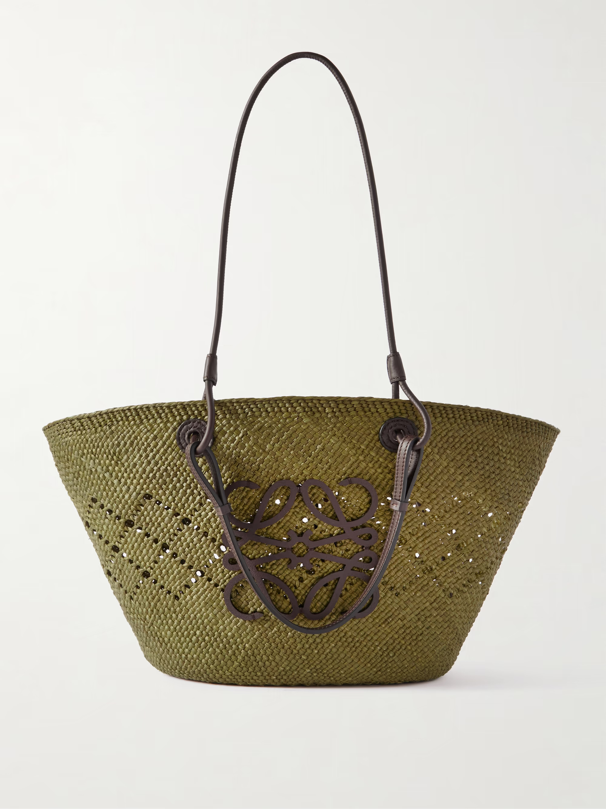 + Paula's Ibiza Anagram medium appliquéd leather-trimmed perforated raffia tote | NET-A-PORTER (US)