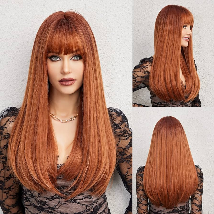 HAIRCUBE Auburn Wig with Bangs Long Hair With Bangs Red Hair Natural Appearance Heat-Resistant Sy... | Amazon (US)