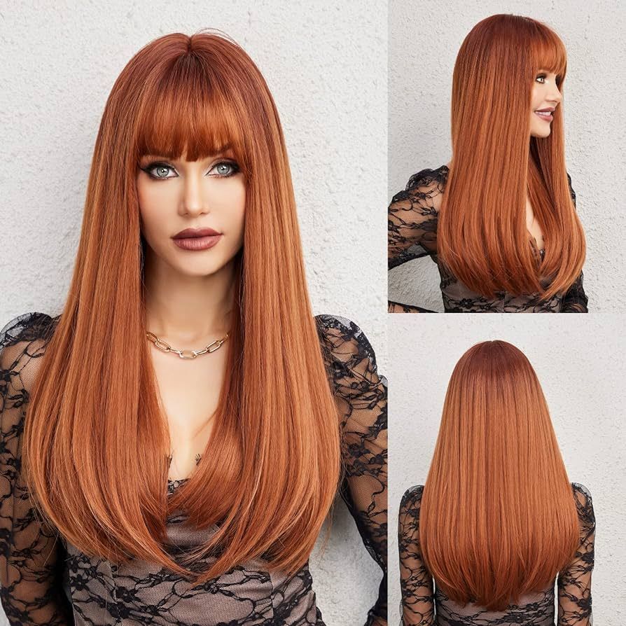 HAIRCUBE Auburn Wig with Bangs Long Hair With Bangs Red Hair Natural Appearance Heat-Resistant Sy... | Amazon (US)