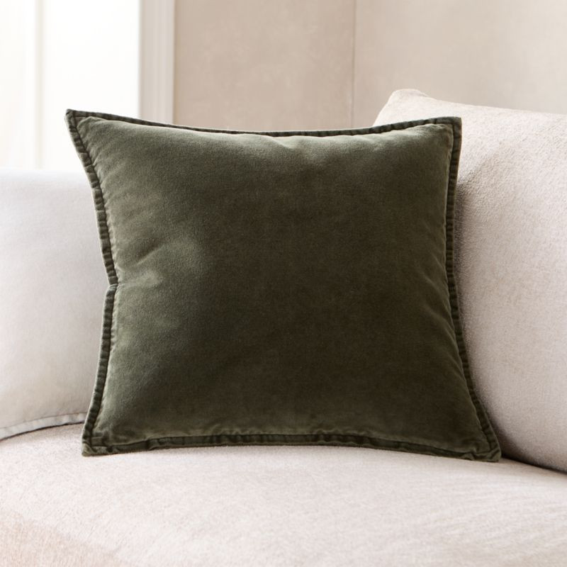 Relaxed Washed Organic Cotton Velvet 20""x20"" Burnt Green Throw Pillow Cover | Crate & Barrel