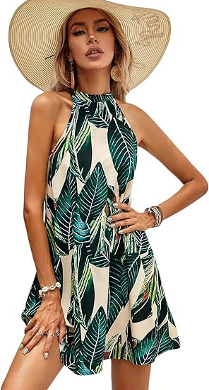 Floerns Women's Summer Floral Print Sleeveless Halter Neck Beach Party Dress | Amazon (US)