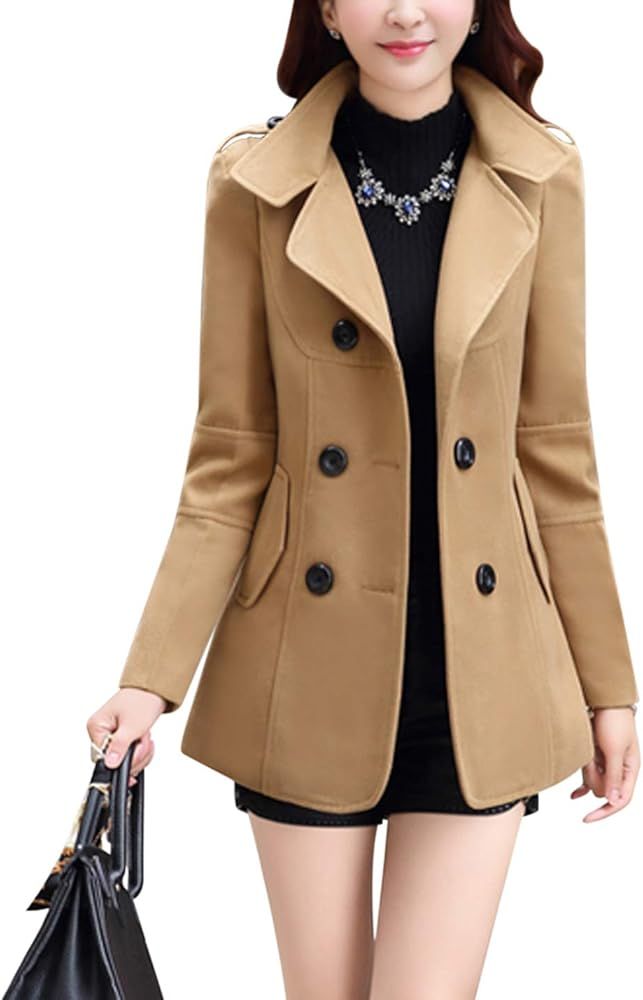 Tanming Women's Autumn Notch Lapel Double Breasted Woolen Pea Coat Overcoats | Amazon (US)