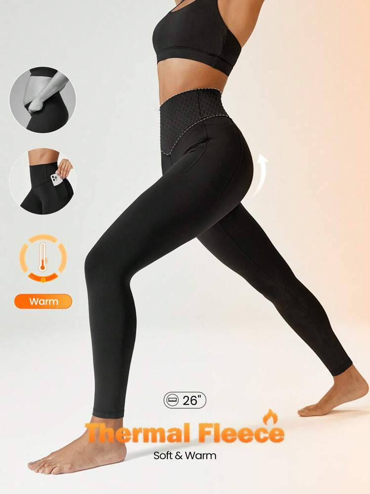 GLOWMODE 26'' FeatherFit™ Fleece Warm Tummy Control High-Rise Waist Leggings Low Impact Yoga Daily Warm Winter Fall Winter | SHEIN