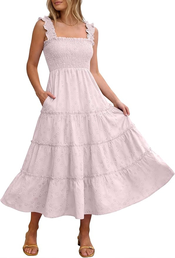 Caracilia Womens Summer Midi Dress Casual Square Neck Sleeveless Eyelet Smocked A Line Tiered 202... | Amazon (US)