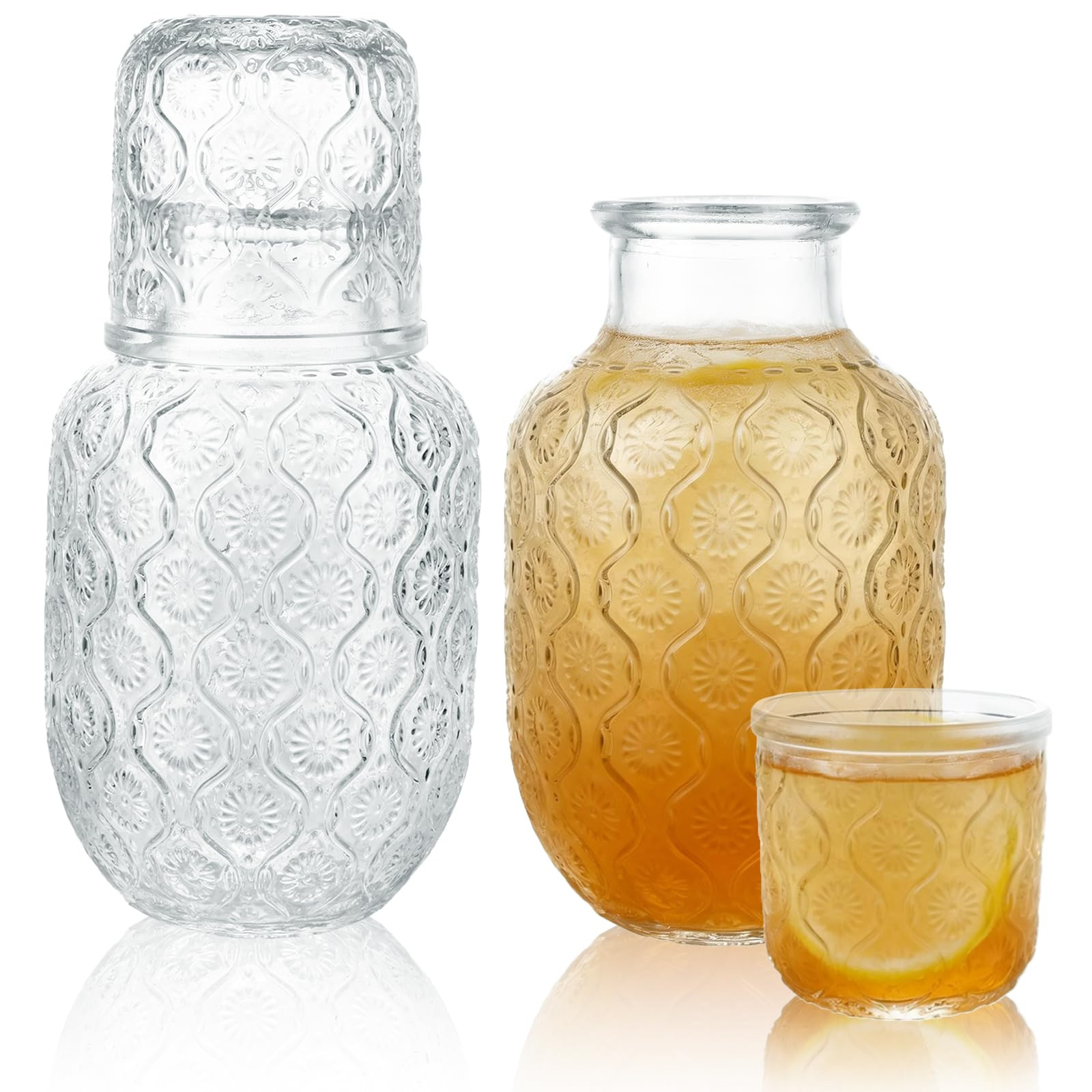 2 Set Bedside Water Carafe and Glass Set, 18oz Nightstand Pitcher with 5oz Tumbler Lid, Vintage C... | Amazon (US)