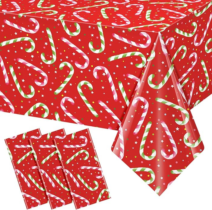 3 Pack Christmas Candy Cane Tablecloths for Rectangle Tables, Red Green Xmas Disposable Plastic T... | Amazon (US)
