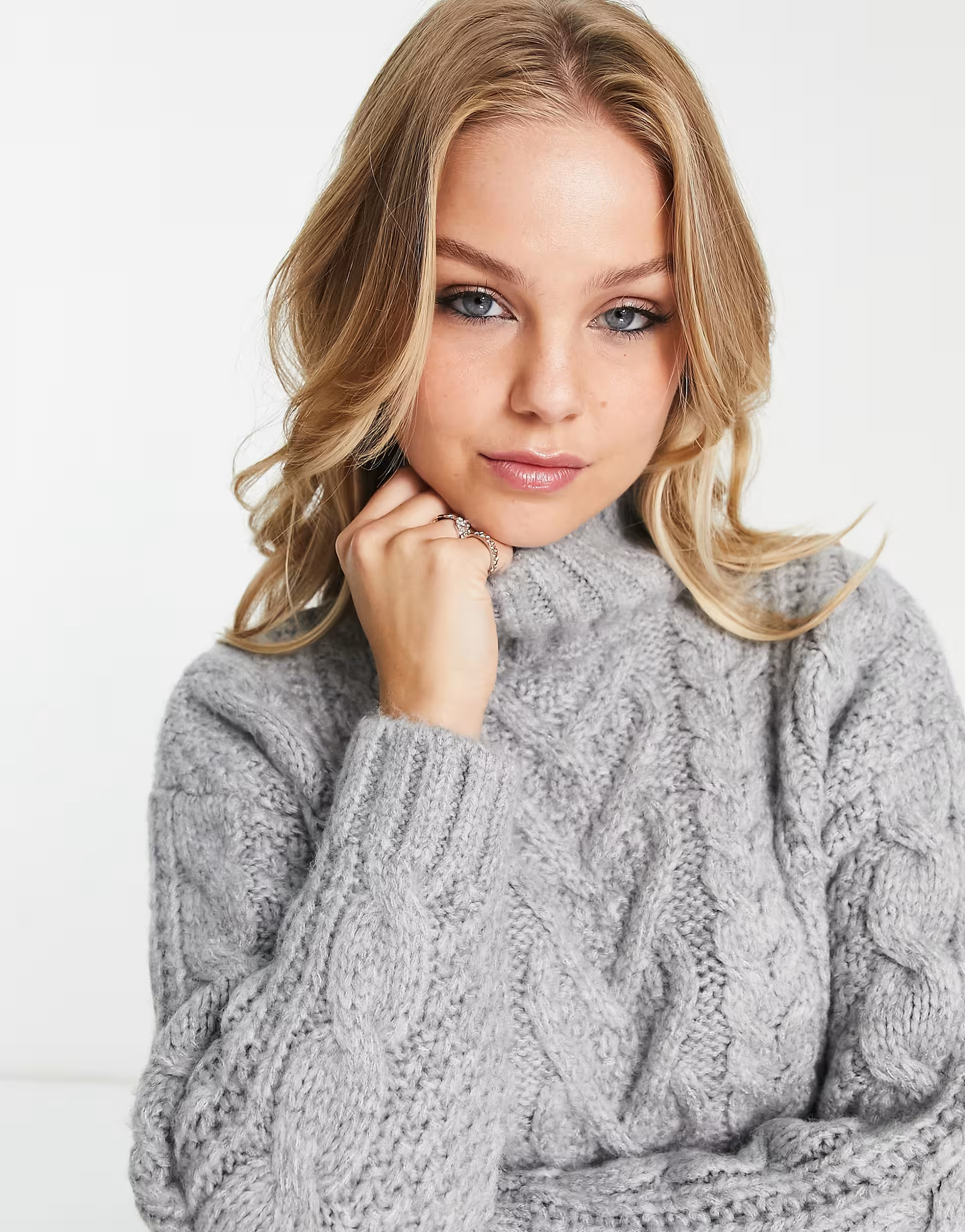 ASOS DESIGN crop cable jumper with high neck in fluffy yarn in grey | ASOS (Global)