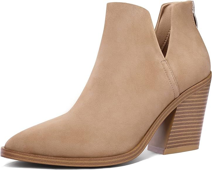 Women's Ankle Boots Slip on Cutout Pointed Toe Chunky Stacked Mid Heel Booties | Amazon (US)