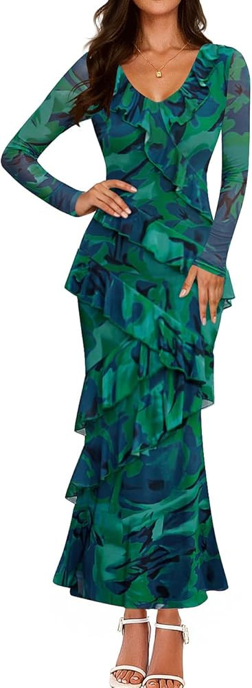 ZESICA Women's Fall Floral Long Sleeve Maxi Dress 2026 Boho Bodycon V Neck Ruffle Wedding Party L... | Amazon (US)