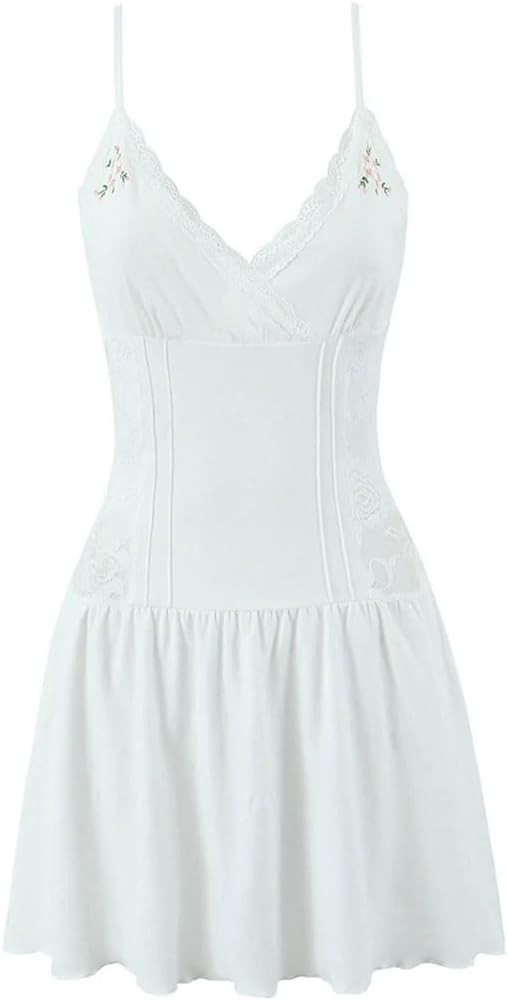 Women Floral Embroidery Lace Spliced Spaghetti Straps Dress V Neck A-Line Mini Knit Sexy Dresses | Amazon (US)