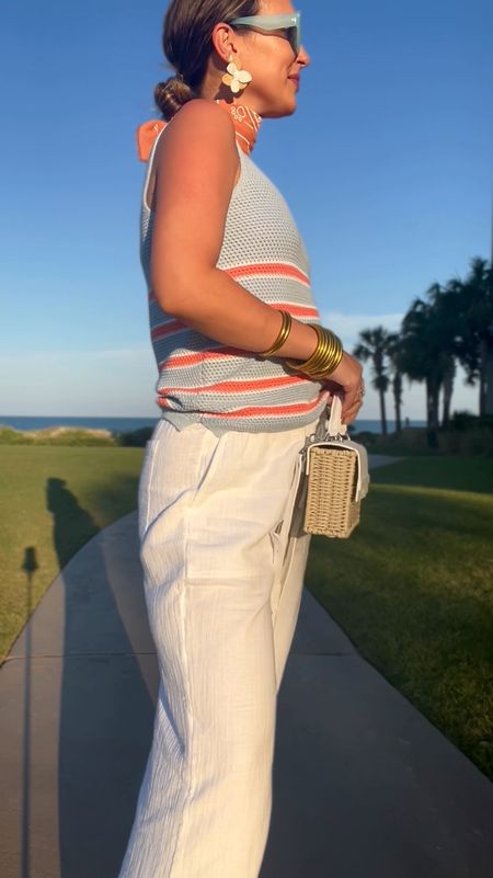 Striped knit tank, white gauzy beach pant (NOT see through), but run on the looser side. I ordered my usual size!

#LTKTravel