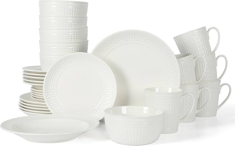 Martha Stewart 30-Piece Basket Weave New Bone China Embossed Chip and Scratch Resistant Porcelain... | Amazon (US)