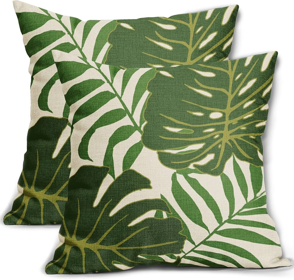 Tropical Green Leaves Pillow Covers 18x18 Inch Set of 2 Modern Botanical Palm Leaf Decorative Out... | Amazon (US)