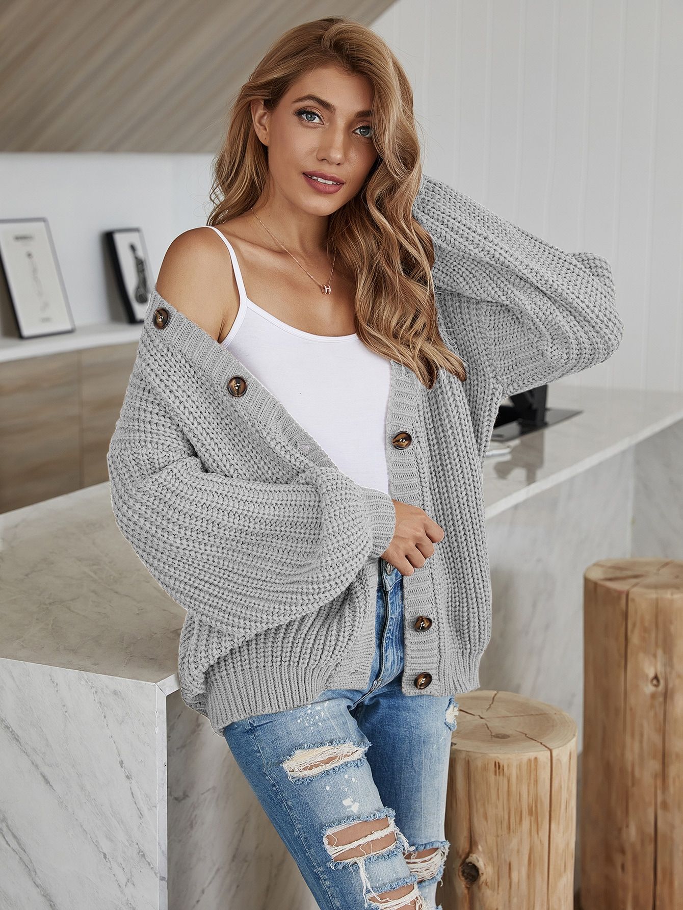 Solid Rib-Knit Button Up Cardigan | SHEIN