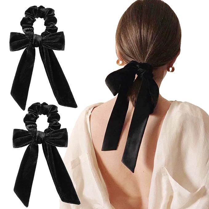2PCS Black Velvet Bow Hair Scrunchies Hair Ribbon Tie Elastics Hair Scrunchies Long Ponytail Hold... | Amazon (US)