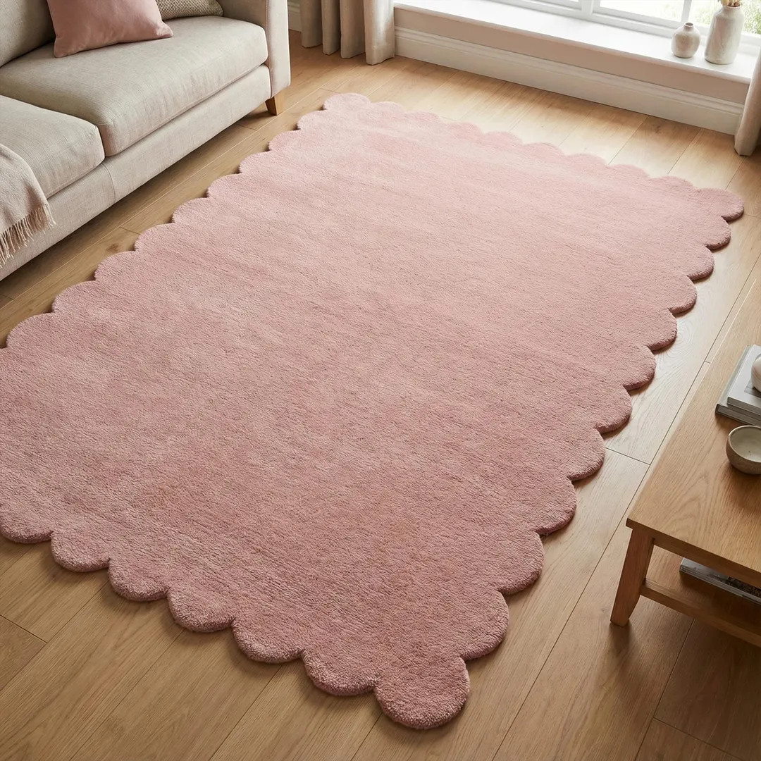 Blush Pink Hand Tufted Scalloped Wool Rug, Modern Solid Handmade Area Living Room Rug | Etsy (US)