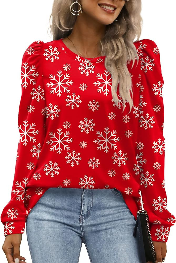 WEESO Puff Sleeve Tops for Women Red Holiday Top Red Holiday Sweater Graphic Sweatshirt Outfit | Amazon (US)
