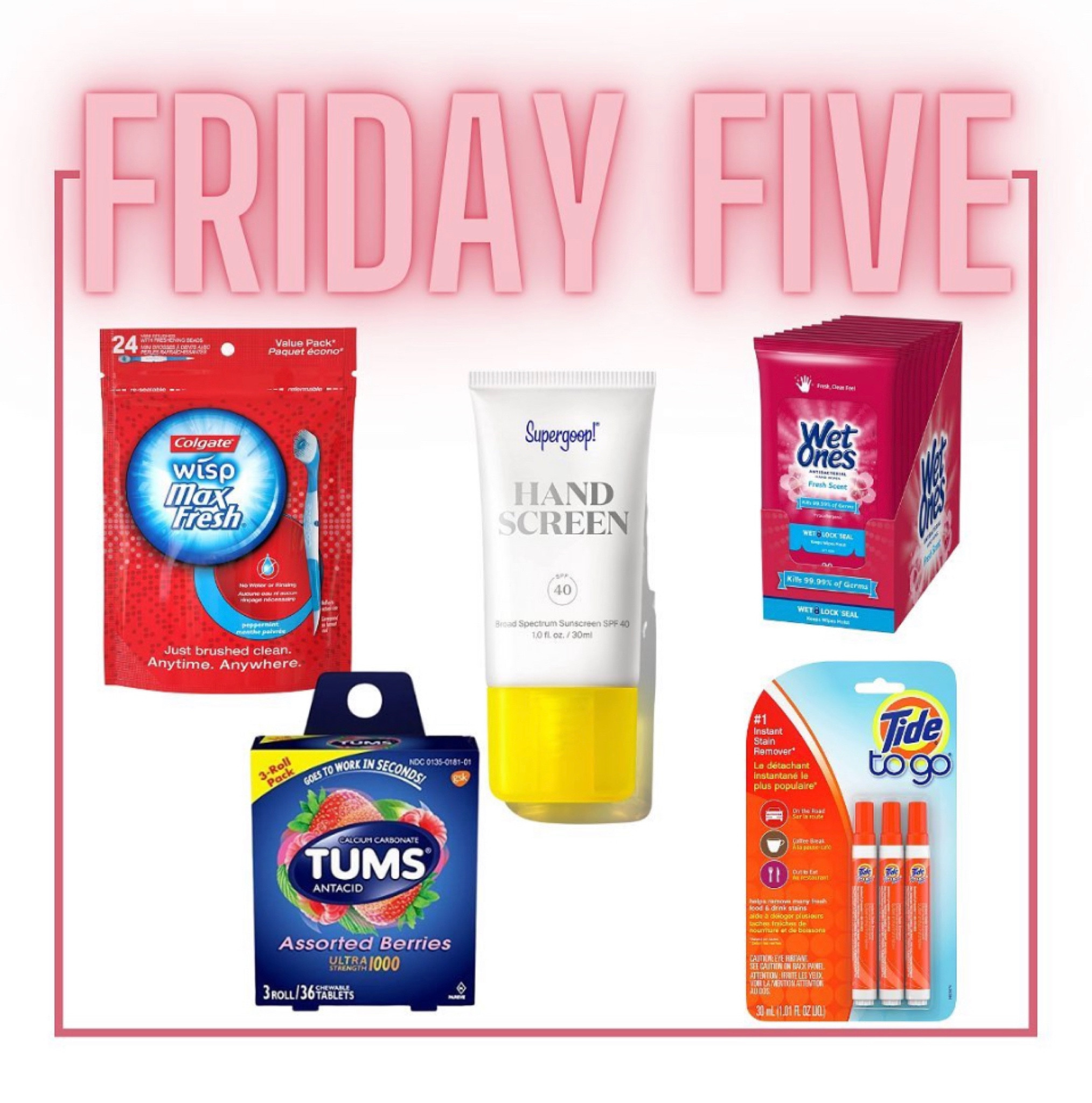 🚗 Friday Five - Wendy’s Must Haves in the Car 🚗 

- Colgate Wisp Max Fresh. These things are amazing! Perfect for a quick post lunch clean up or to freshen up after coffee. Never, ever without these in my car.

- Supergoop Hand Screen in SPF 40. Protect your arms and hands from looking older than your are!

- Multiple packages of Wet Ones for keeping hands germ free. I always wipe my hands down after shopping, gas station or just anywhere germs exist.

- Keeping things super sexy with Tums Antacids. What can I say? I always have a stomachache.

- Tide To Go pens because I am a messy eater. So is my kid, and her friends, and my husband. This stuff works magic!

#LTKhome #LTKtravel