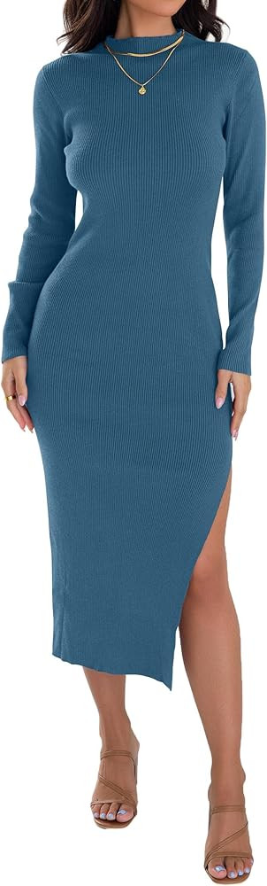 ZESICA Women's 2024 Ribbed Knit Dress Long Sleeve Mock Neck Slim Fit Side Slit Fall Elegant Sweat... | Amazon (US)