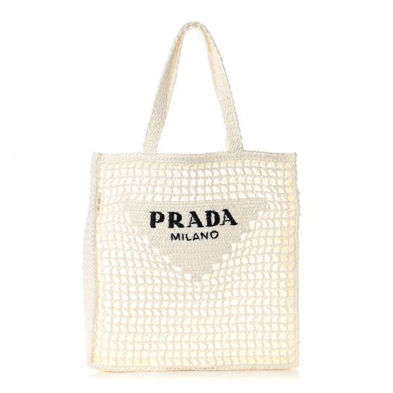 PRADA Raffia Embroidered Logo Tote Bag White | Fashionphile