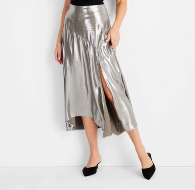 WOMEN’S HOLIDAY FLOWY SATIN MIDI SKIRT - FUTURE COLLECTIVE SILVER SMALL | eBay US