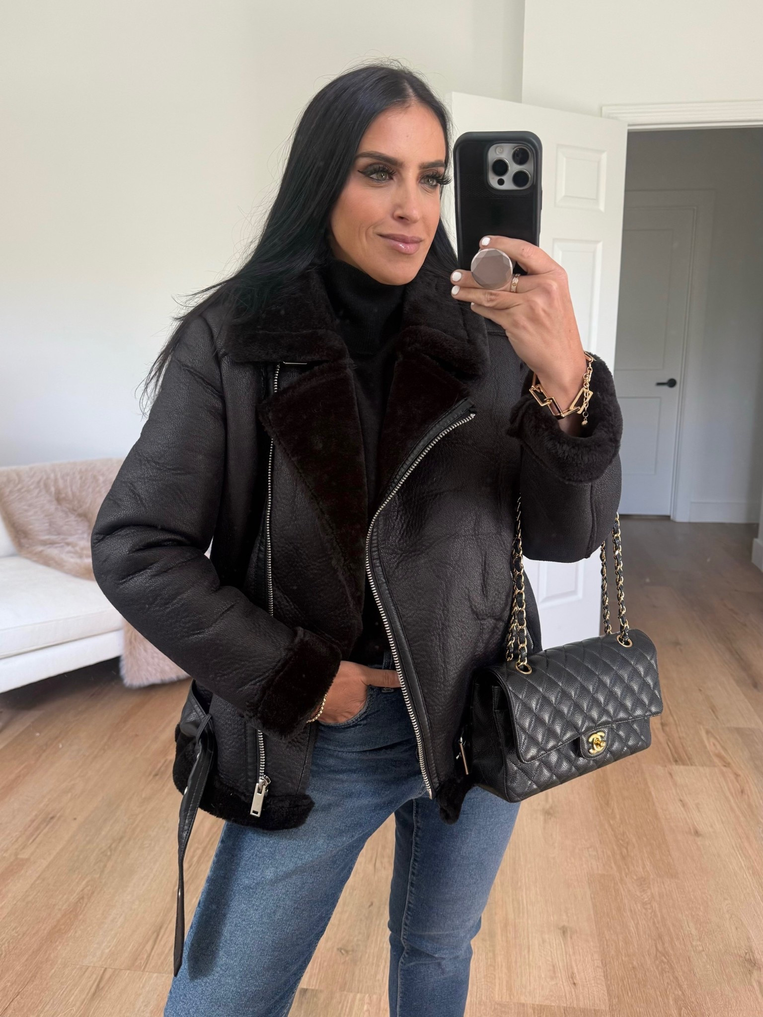 Faux Shearing Moto Jacket wearing size medium. 
