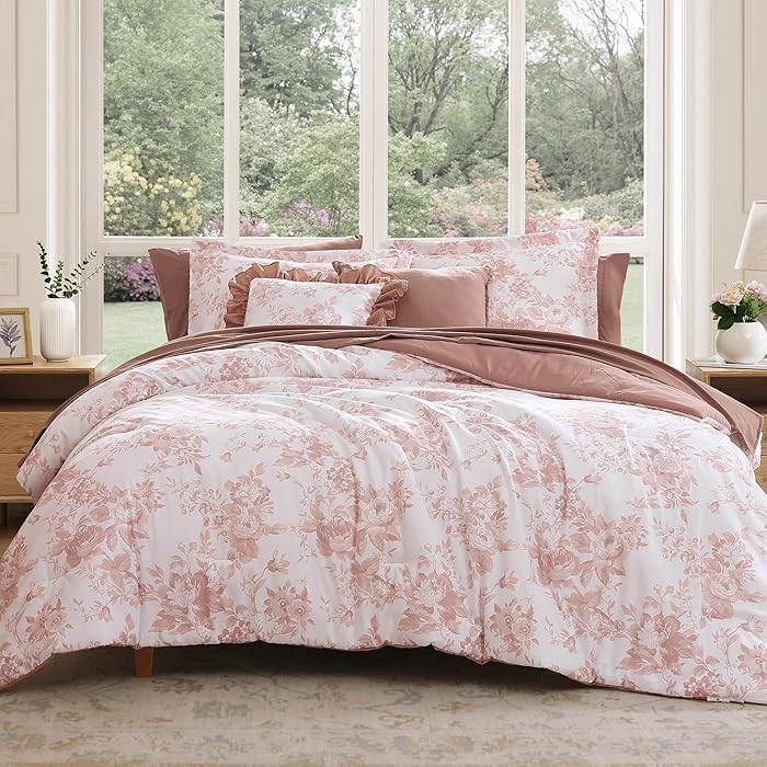 Queen Comforter Set -7 Pieces Pink Floral Comforter Set for All Seasons, Bed in a Bag Queen with ... | Amazon (US)