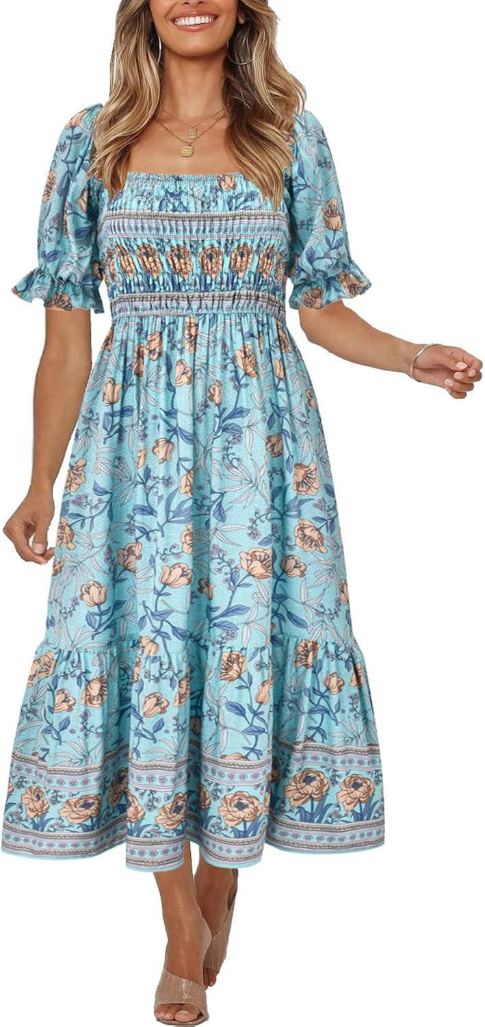 Women's Summer Bohemian Square Neck Floral Print Ruffle Vintage Flowy Beach Vacation Long Midi Boho  | Amazon (US)