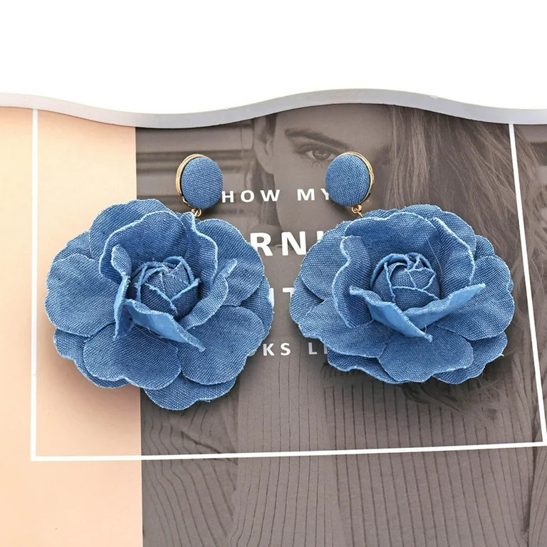 MANNYA Flower Shaped Exaggerate Earrings Eye Catching Denims Ear Rings Rose Flower Dangle Earring... | Walmart (US)