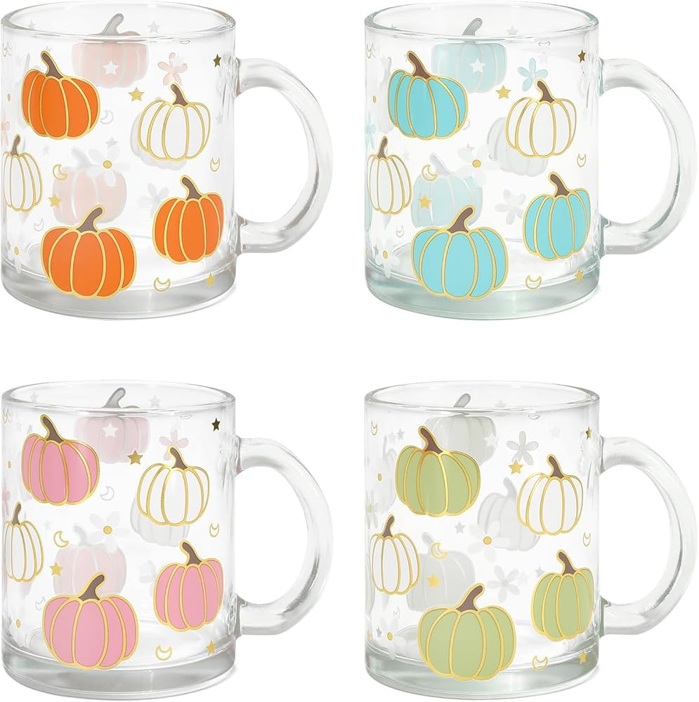 4Pcs Fall Glass Coffee Mug with Handle Orange Blue Pink Green Pumpkin Coffee Cups Autumn Thanksgi... | Amazon (US)