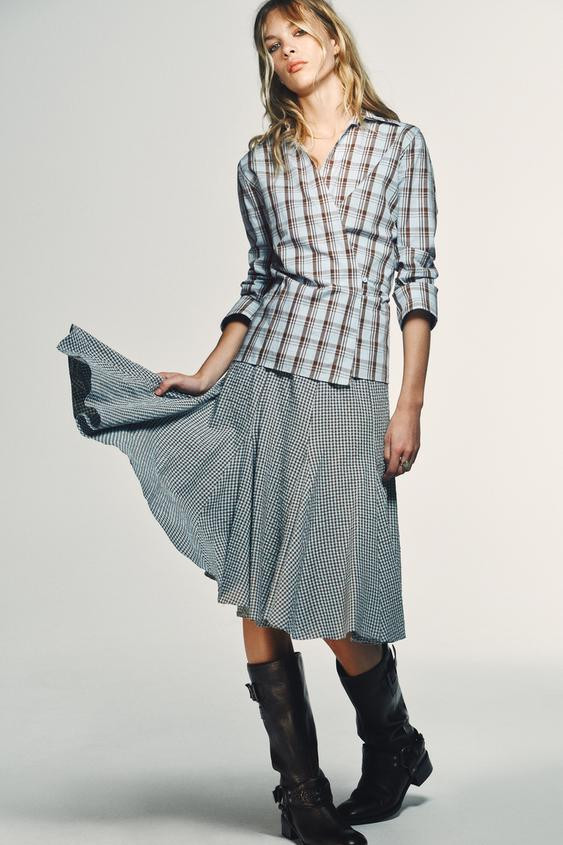 GINGHAM GODET MIDI SKIRT | Zara US