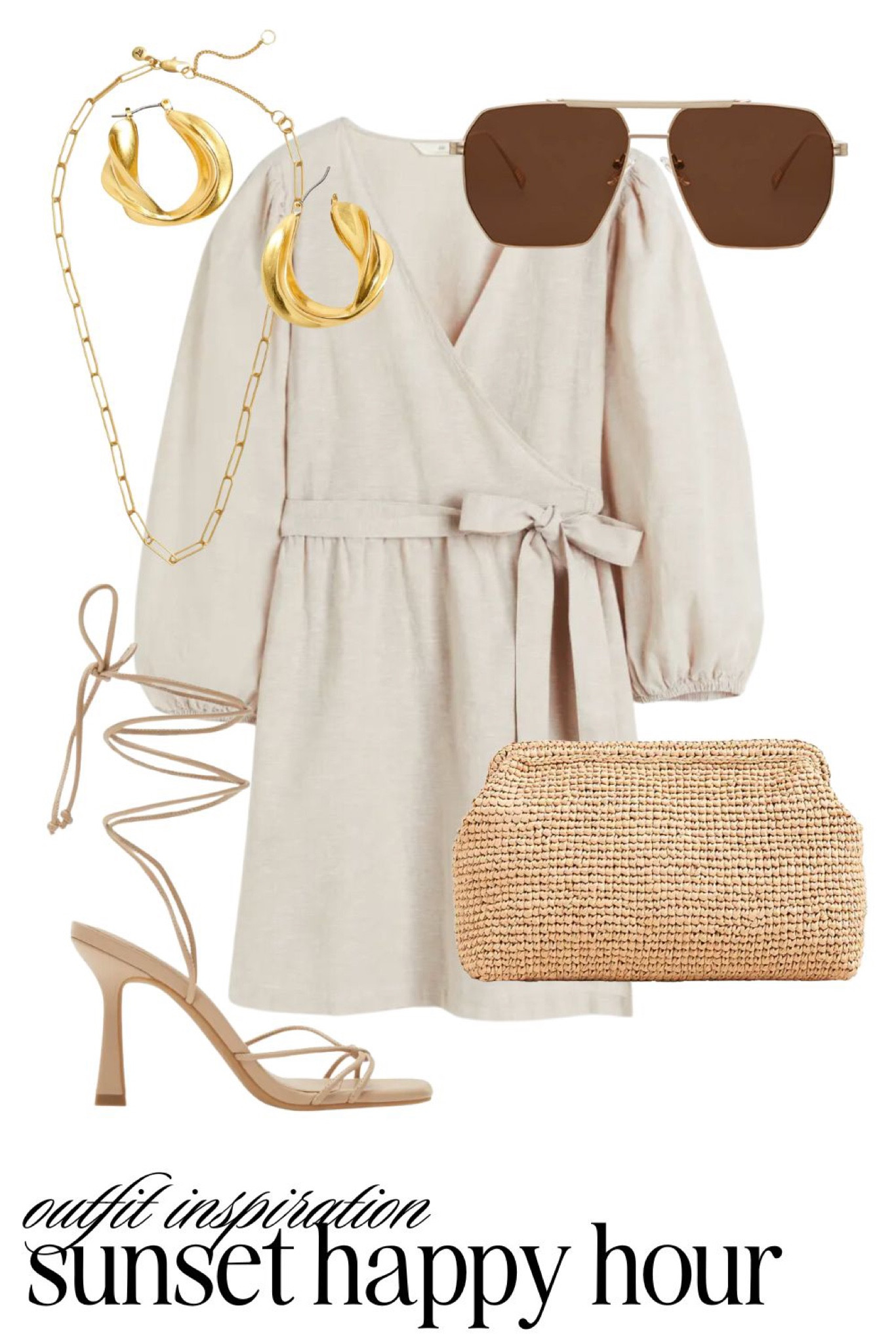 Outfit inspiration. Sunset happy hour. Linen wrap dress, strappy sandals, straw clutch, aviator sunglasses, gold hoops. Neutral style. Summer style. #neutralstyle #summerstyle 

#LTKstyletip #LTKFind