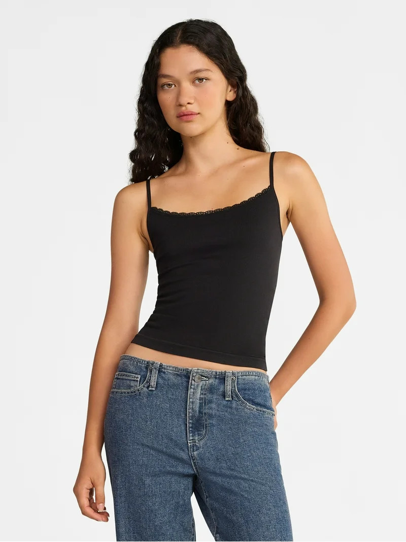 No Boundaries Seamless Lace Trim Cami, Women's | Walmart (US)