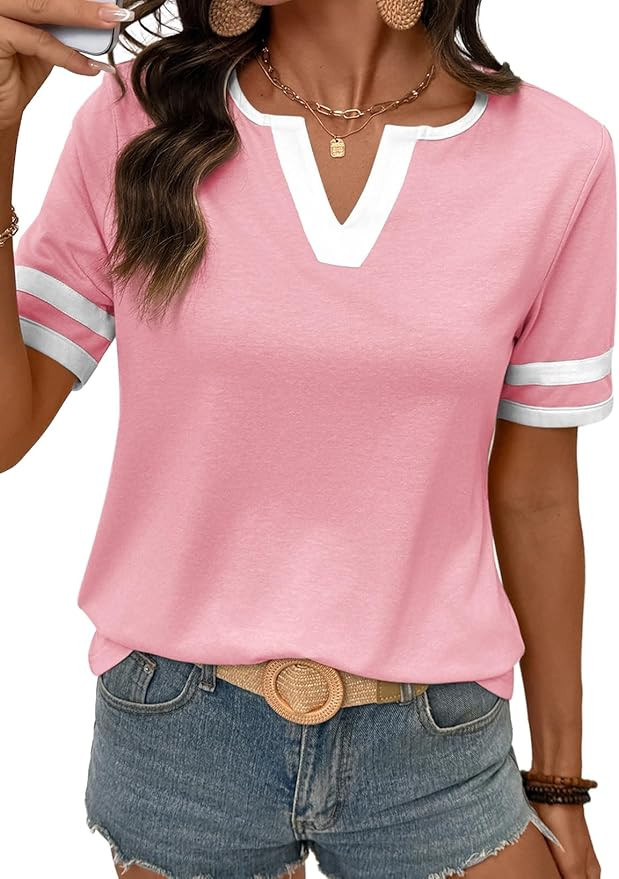 SHEWIN Women's Summer Tops Cotton V Neck Short Sleeve T-Shirts Colorblock Casual Tees 2026 Clothe... | Amazon (US)