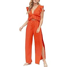 FANCYINN Womens 2 Pieces Outfits Deep V Neck Crop Top Side Slit Drawstring Wide Leg Pants Set Jum... | Amazon (US)