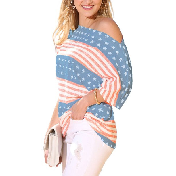 DoubljuDoublju Women's 4th of July Patriotic American Flag Independence Day Off the Shoulder Tops... | Walmart (US)