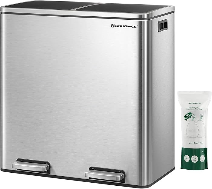 SONGMICS Trash Can, 2 x 8 Gallon (2 x 30 L) Garbage Can for Kitchen, with 15 Trash Bags, 2 Compar... | Amazon (US)