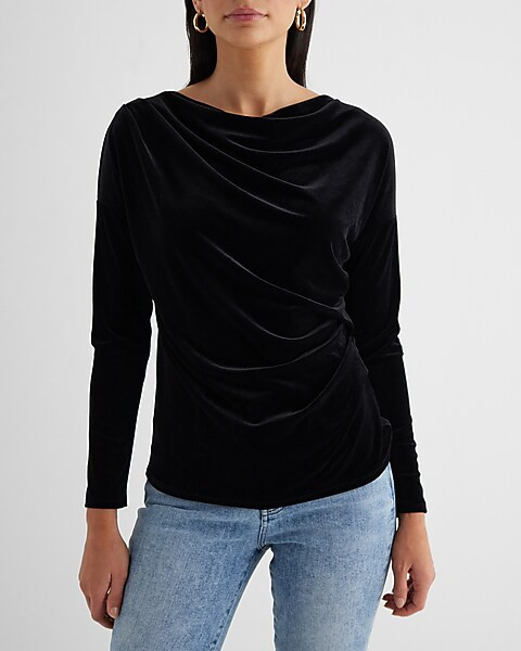 Skimming Velvet Draped Cowl Neck Ruched Side Top | Express