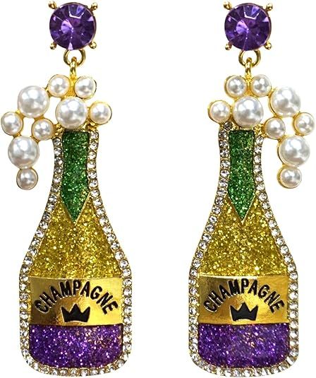 Mardi Gras Earrings for Women Champagne Earrings Champagne Bottle Earrings Pearl Rhinestone Champ... | Amazon (US)