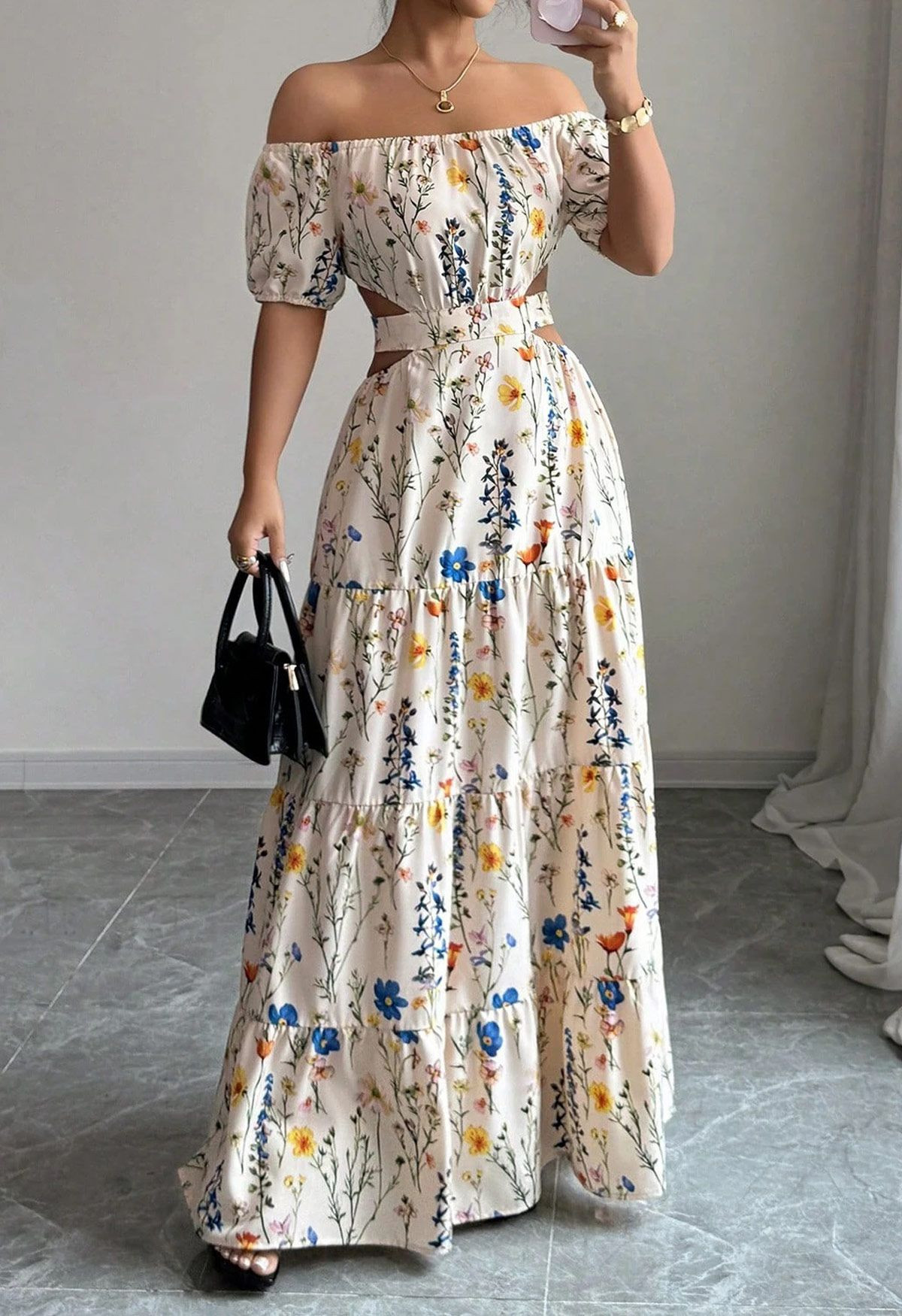 Wildflower Off-Shoulder Cut Out Waist Maxi Dress for Garden Parties & Bridal Events | Chicwish
