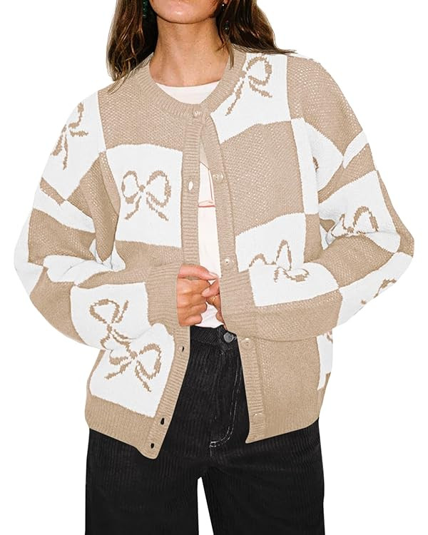Saodimallsu Womens Checkered Sweater Bow Color Block Plaid Cardigan Long Sleeve Button Open Front... | Amazon (US)