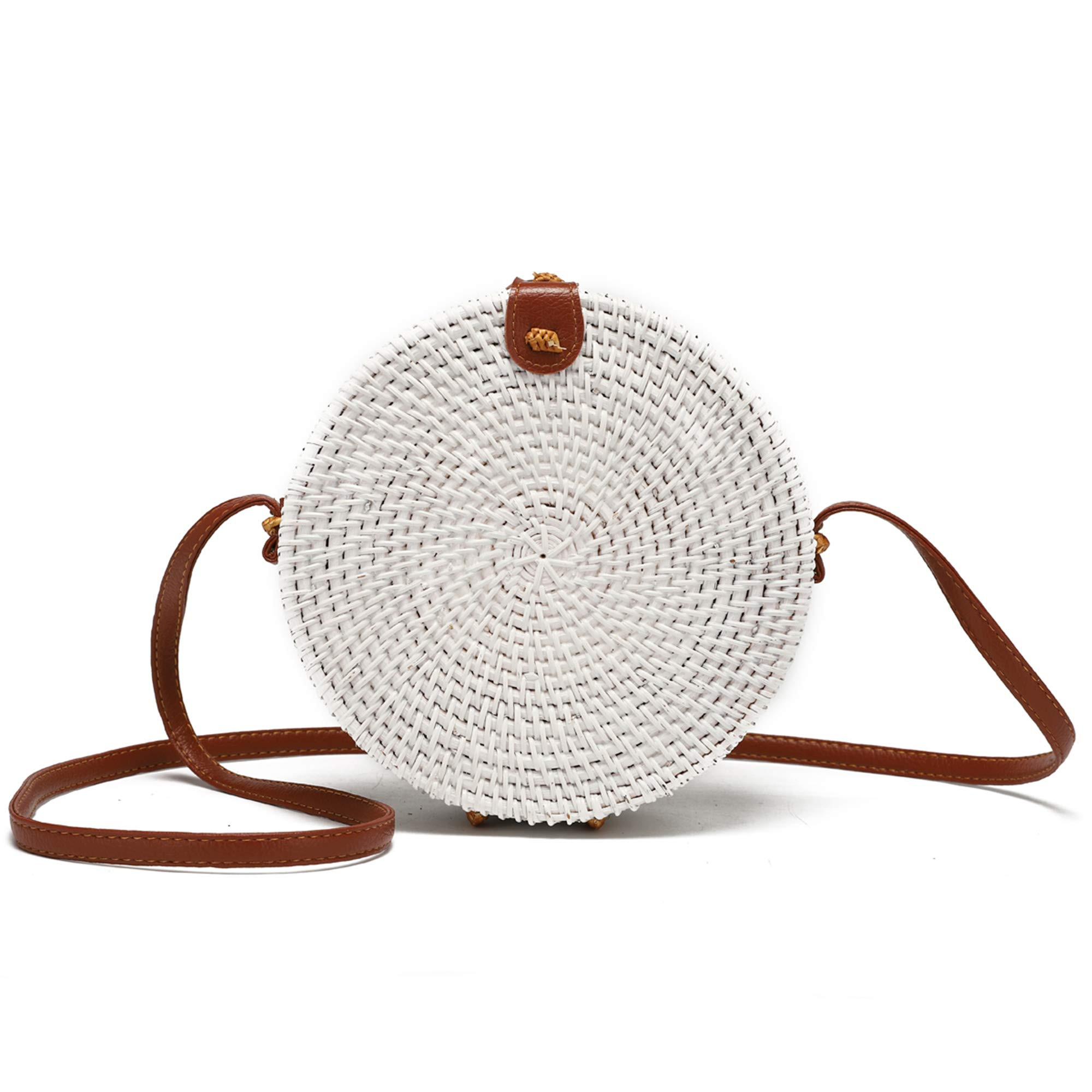 Handwoven Round Rattan Bag for Women with Leather Strap Crossbody Straw Handbag | Amazon (US)