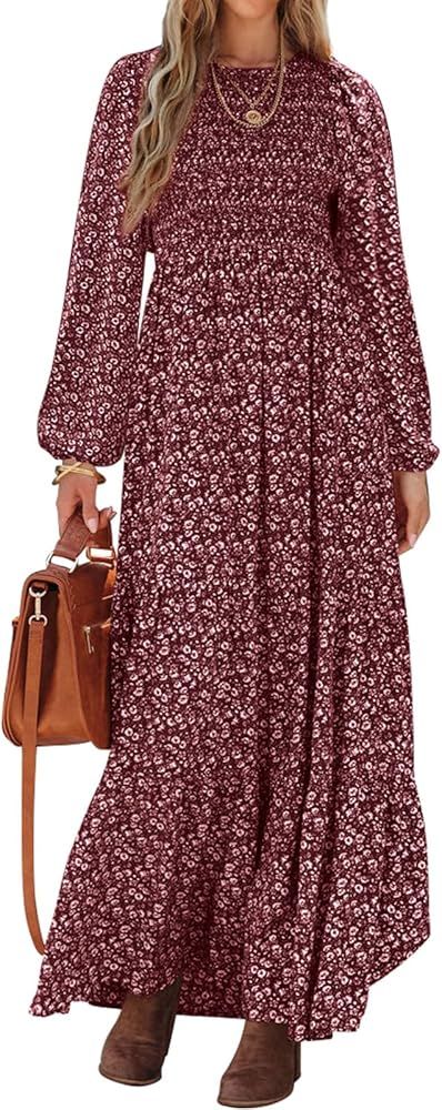 PRETTYGARDEN Women's Fall Dresses 2024 Long Sleeve Flowy Casual Floral Maxi Dress Crew Neck Smock... | Amazon (US)