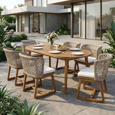 Christopher Knight Home Crunhi Modern 7 Piece Patio Acacia Dining Set with Slatted Table and Wicker Back, Teak/Beige | Target